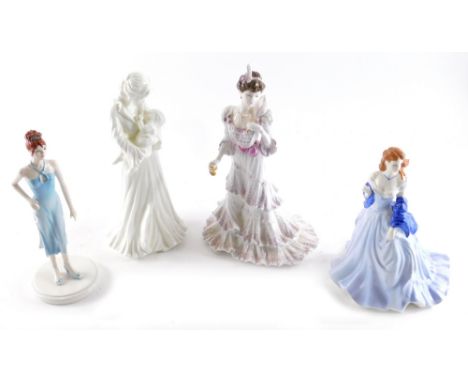 A Coalport Golden Age figure Eugenie, printed marks beneath, 24cm high, and various others, Royal Worcester Sweet Dreams, etc