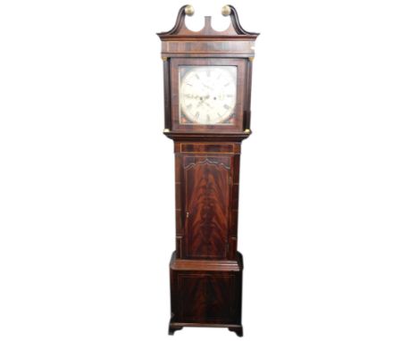 A 19thC longcase clock, the square dial painted with flowers and spandrels, with subsidiary, day and seconds dials, indistinc