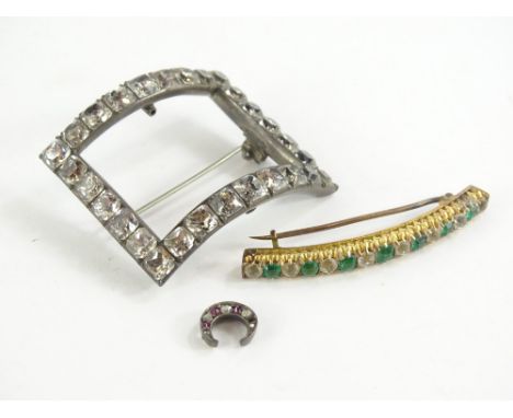 Three pieces of Victorian and later jewellery, comprising horseshoe silver framed stick pin top (AF) set with rubies and diam