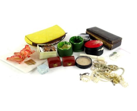 A quantity of modern costume jewellery and effects,  comprising trinket box, leaf brooches, beaded necklaces, bracelets, clip