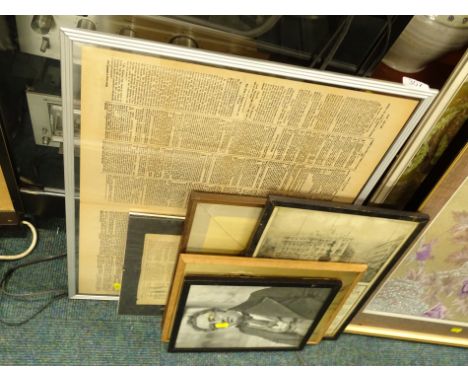 Framed portrait photographs, newspaper cuttings, calendar, Piccadilly Circus (6).