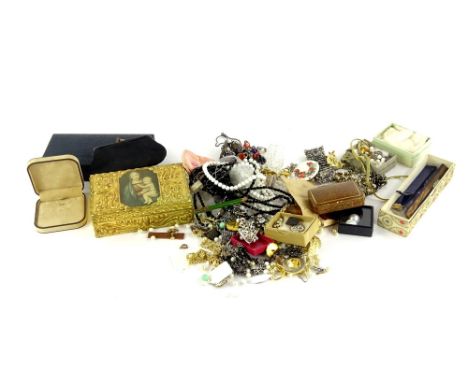 A quantity of modern costume jewellery and effects,  religious scene trinket box, beaded necklaces, clip on earrings, decorat