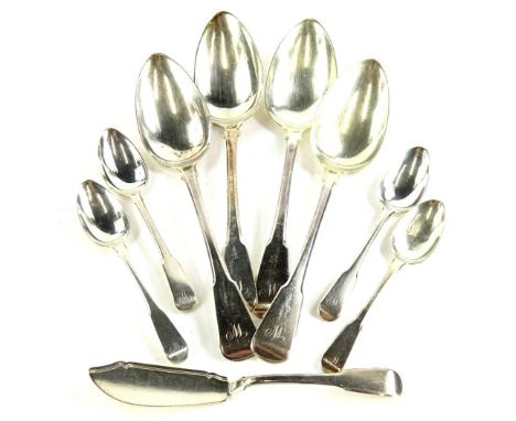 A collection of various 19thC George III silver spoons, to include four fiddle pattern tablespoons and five fiddle pattern te