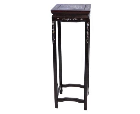 A Chinese hardwood and mother of pearl inlaid urn table, with square top, shaped apron and plain legs, each embellished with 