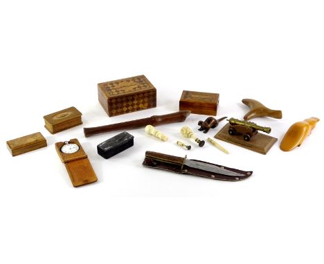 A collection of treen and wooden items etc., to include a parquetry box, carved wooden stamp box, carved platypus and similar