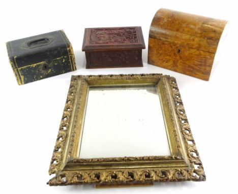 A collection of items, to include a rectangular gilt wall mirror, a Victorian walnut domed tea caddy, lacking one interior ca