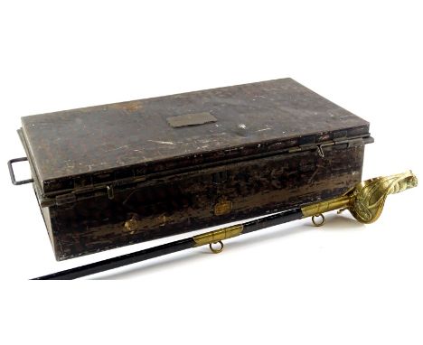 A Naval officers sword, named to CEC Child, and a tin trunk, painted with simulated reptile skin, brass plaque for CEC Child 
