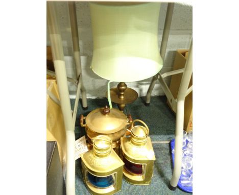 Miscellaneous metalware, to include reproduction port and starboard lamps, two handled pan stand and a table lamp.