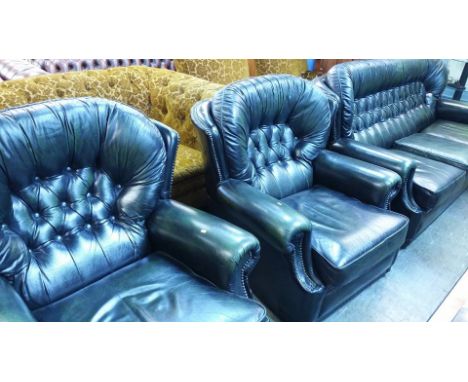 Button back green leather 3 piece suite