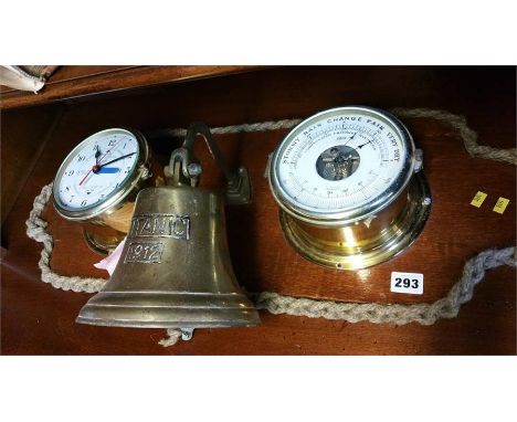 Schahtz marine clock, barometer and reproduction brass titanic ships bell mounted on a mahogany plaque