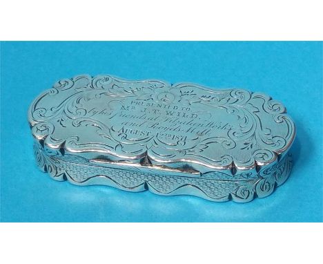 A Victorian silver engraved snuff box, Birmingham 1865, makers mark F.M, weight 1.6oz 52.8gram