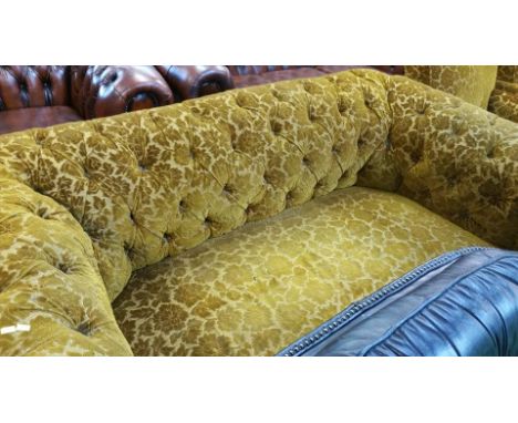 Edwardian 2 seater chesterfield sofa, gold velour upholstery with 2 matching armchairs