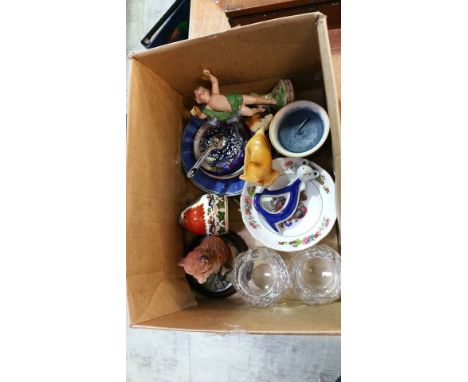 Box including Royal Crown Derby paperweight. Royal Worcester candle holder etc.