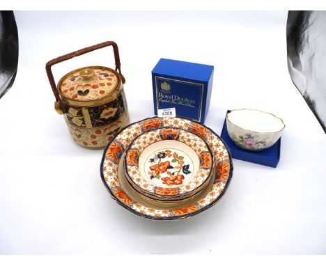 A ceramic biscuit barrel, a Woods fruit dish and matching bowls and a boxed Royal Doulton Arcadia sweet dish.