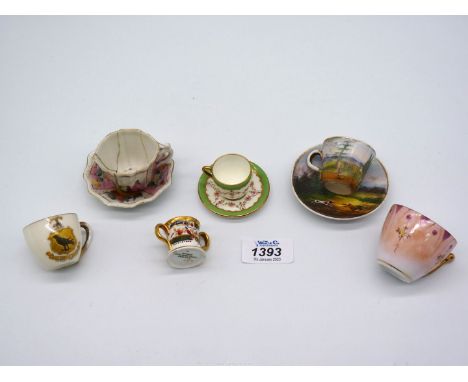 Miniature cups and saucers hand painted with dog and hare, small Coalport cup and saucer, small Spode double handled mug etc.