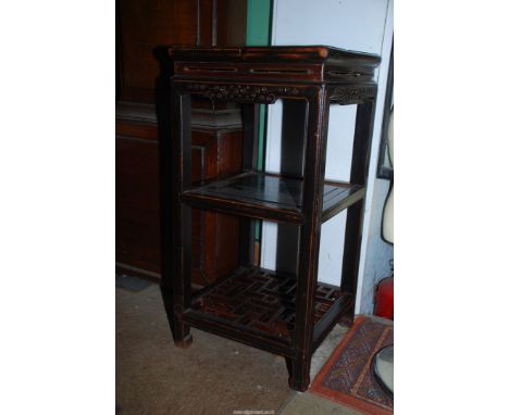 A Chinese lamp Table with two shelves, 30" tall x 15" square.