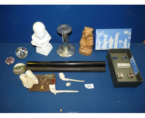 A quantity of miscellanea to include two ebonised early 20th century rolling rulers, 'English Pewter' candlestick, plaster Pi