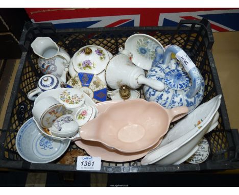 A small quantity of china including Aynsley, Johnson Bros gravy boat and saucer, oriental blue and white pumpkin teapot.
