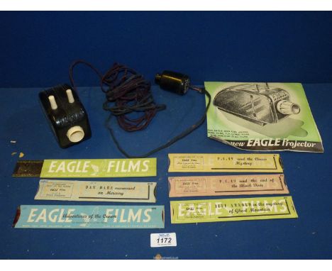 A vintage 'The Eagle' movie projector with films;  End of the Black Dove, Circus mystery, Dan Dare etc.