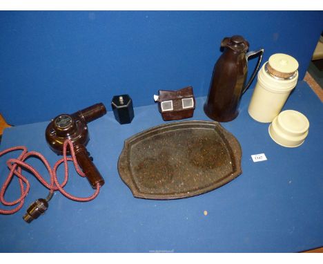 A box of objects made of Bakelite to include hair dryer, O.I.D. unique striker with pheasant decoration, View-Master, flask, 
