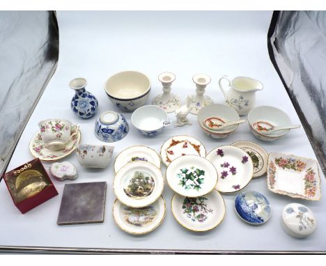 A quantity of china including Kirsty Jayne jug, trinket dishes, Spode commemorative miniature cup and saucer, candlesticks, W