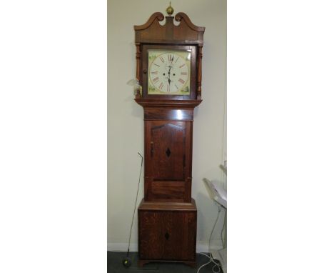 A NINETEENTH CENTURY OAK AND MAHOGANY LONGCASE CLOCK, with eight day movement, the painted face with subsidiary dated and sec