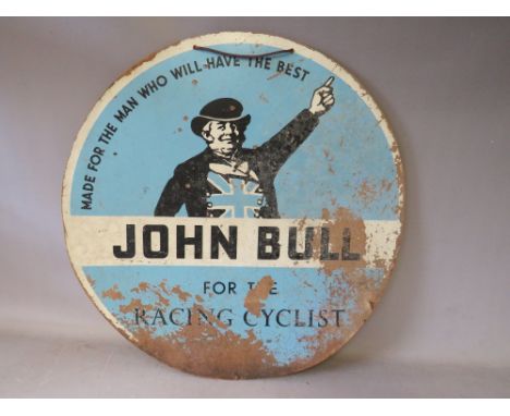 A VINTAGE CIRCULAR JOHN BULL ADVERTISING SIGN ON HARDBOARD, for the racing cyclist, A/F, Dia. 59 cm