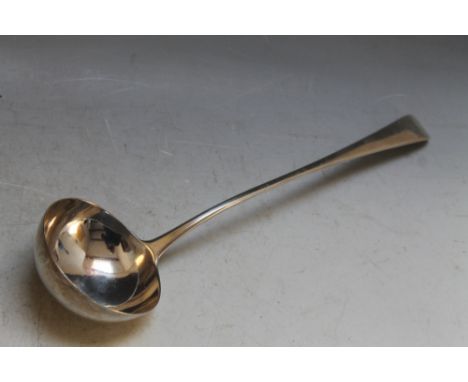 AN EARLY HALLMARKED SILVER OEP PATTERN SOUP LADLE, circa 1775 - hallmarks indistinct, approx weight 180g, L 36 cm