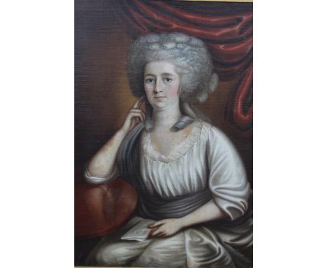 AMERICAN SCHOOL (LATE 18TH CENTURY). Classical portrait of a lady in a white dress holding a book, oil on canvas, gilt framed