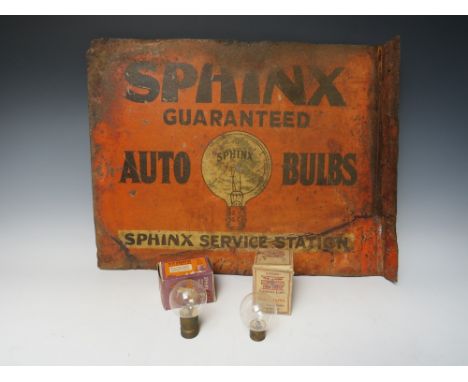 A VINTAGE 20TH CENTURY ENAMELLED METAL DOUBLE SIDED SIGN FOR SPHINX AUTO BULBS ETC. A/F, together with two boxed Sphinx bulbs