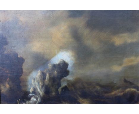 CIRCLE OF PIETER MULIER THE ELDER (HAARLEM c.1615-1670). Shipping in a stormy sea, oil on panel, gilt framed, 42.5 x 50 cm