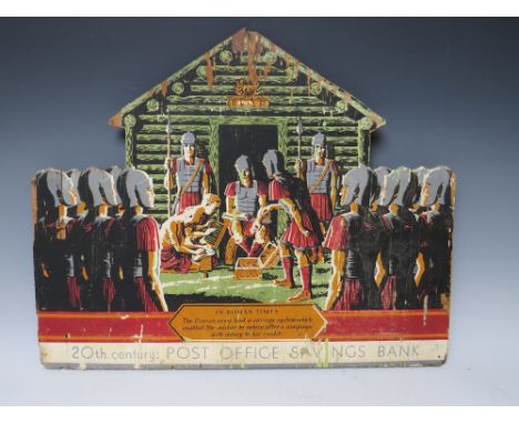 A VINTAGE 20TH CENTURY POST OFFICE SAVINGS BANK ADVERTISING SIGN ON WOOD, in the form of a Roman stockade with centurions pay