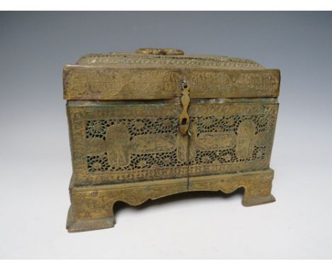 A VINTAGE DECORATIVE PIERCED BRASS CASKET, with mythical figures and script embellishment, W 23 cm, H 17 cm, D 15 cm