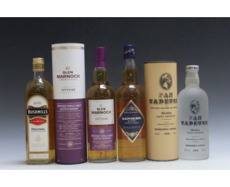 3 BOTTLES OF WHISKY CONSISTING OF 1 BOTTLE OF BUSHMILLS ORIGINAL, 1 bottle of Glen Marnoch speyside in original tube and 1 bo