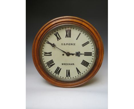 A CIRCULAR OAK CASED DOUBLE FUSEE WALL CLOCK - D.D. PIERCE, WREXHAM, hourly striking on a large coiled gong, having a 34 cm d