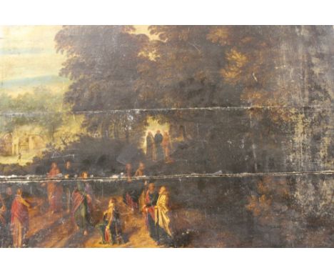 FLEMISH SCHOOL (17TH CENTURY). A country landscape with a biblical scene, oil on panel, panels in three separate pieces. unfr