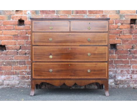 A 19TH CENTURY MAHOGANY CROSSBANDED CHEST OF DRAWERS, with two short above three longer graduated drawers, each drawer with s