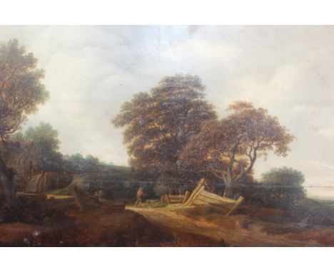 ATTRIBUTED TO PIETER DE NEYN (1597-1639). Shepherds with their flock before a watermill, oil on panel, unframed, 36 x 58.3 cm