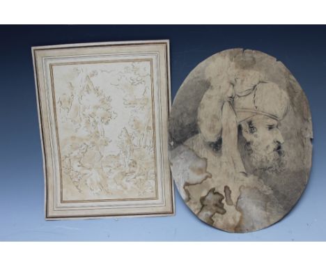 AN EARLY OLD MASTER STYLE OVAL STUDY OF A BEARDED MAN IN A TURBAN, unsigned, pen and ink and washes on paper, unframed, 32 x 