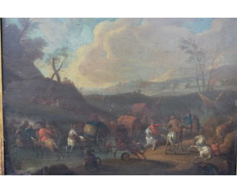 CIRCLE OF CAREL BREYDEL (ANTWERP 1678-1733). Travellers ambushed on a country path, oil on panel, gilt framed, 24.8 x 32.2 cm
