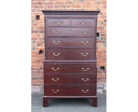 A 19TH CENTURY MAHOGANY TALLBOY CHEST, the upper section having two short above three longer graduated drawers, the lower sec