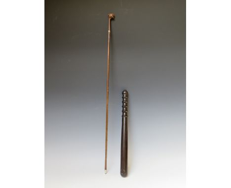 A LATE 19TH / EARLY 20TH CENTURY SOUTH AFRICAN ZULU SWAGGER STICK, with a band of silver wire work and ferule, L 75 cm, toget