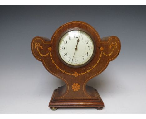 AN EDWARDIAN INLAID MAHOGANY MANTEL CLOCK, arts &amp; crafts balloon style case, enamel dial with Arabic numerals, Duverdrey 