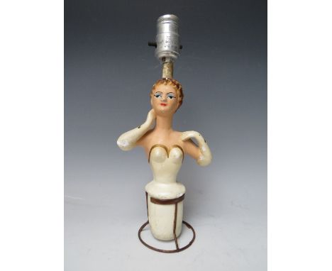 A VINTAGE 20TH CENTURY AMERICANA PAINTED CHALKWARE FIGURATIVE LAMP, with a Leviton chrome fitting, overall H 31 cm