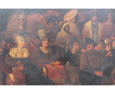 FOLLOWER OF FRANS FRANCKEN II (ANTWERP 1581-1642). Figures seated before horses, oil on panel, gilt framed, 21.5 x 45.5 cm