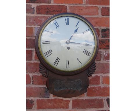 A 19TH CENTURY MAHOGANY CASED SINGLE FUSEE DROP DIAL WALL CLOCK, having a fantail mahogany carcass, circular clock head with 