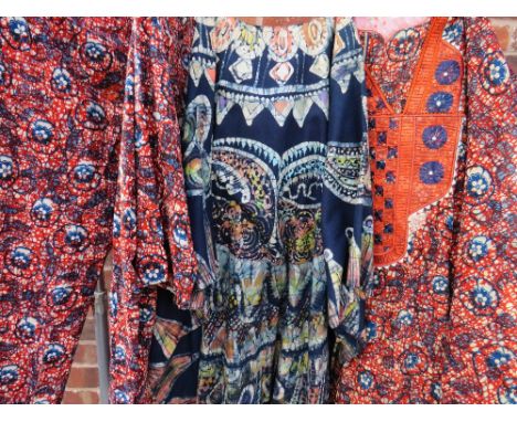 TWO MID CENTURY&nbsp;&amp; LATER&nbsp; AFRICAN AGBADA KAFTAN ROBES, comprising a multi tonal abstract owl design on blue grou