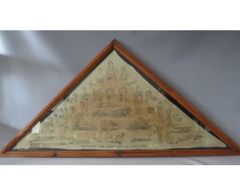A LATE 19TH CENTURY BRITISH ARMY INSTRUCTIONAL FABRIC MEDICAL AID SLING 'BANDAGE FOR FIRST AID IN ACCIDENT, framed and glazed
