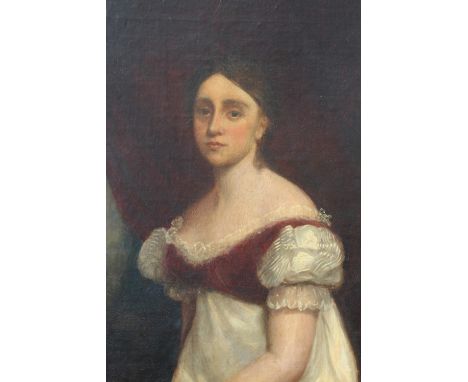 (XIX). A half length portrait study of a young woman, landscape beyond, unsigned, oil on canvas, framed, 74 x 61 cm