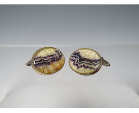 A PAIR OF STERLING SILVER AND BLUE JOHN CUFFLINKS, marked sterling silver to posts, the oval front set with polished blue joh